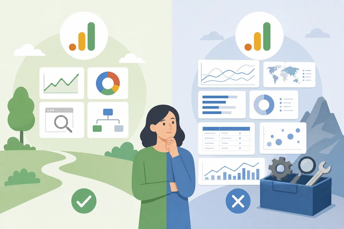 Diagrama que compara las situaciones en las que bastan GA4 y Search Console con las que requieren una herramienta conectada