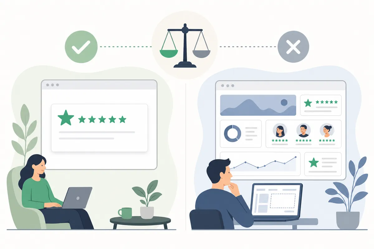Ejemplos de widgets de Trustpilot lado a lado: una insignia gratuita junto a un widget de carrusel de reseñas de pago