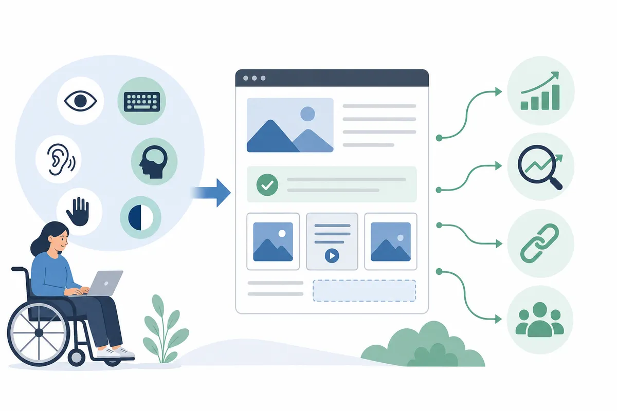 table of accessibility fixes mapped to their SEO benefits, from alt text to color contrast