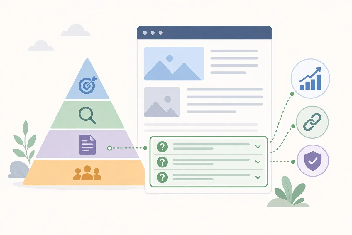 Comparison of FAQ formats across a help page, blog post, service page and product page