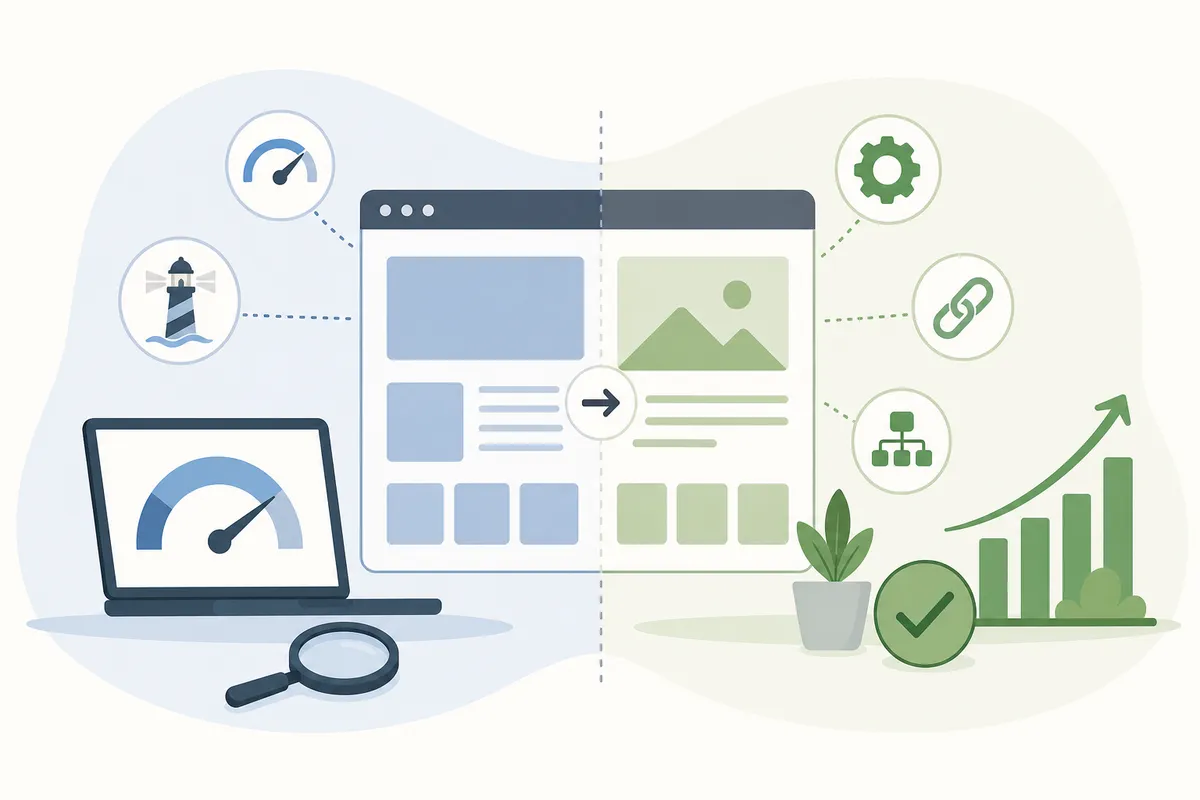 Informe de auditoría de SEO técnico que señala problemas de velocidad junto con correcciones de rastreo y de contenido
