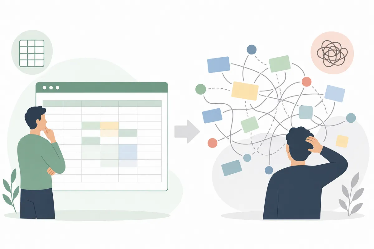 Manual spreadsheet keyword map beside an automated keyword mapping dashboard