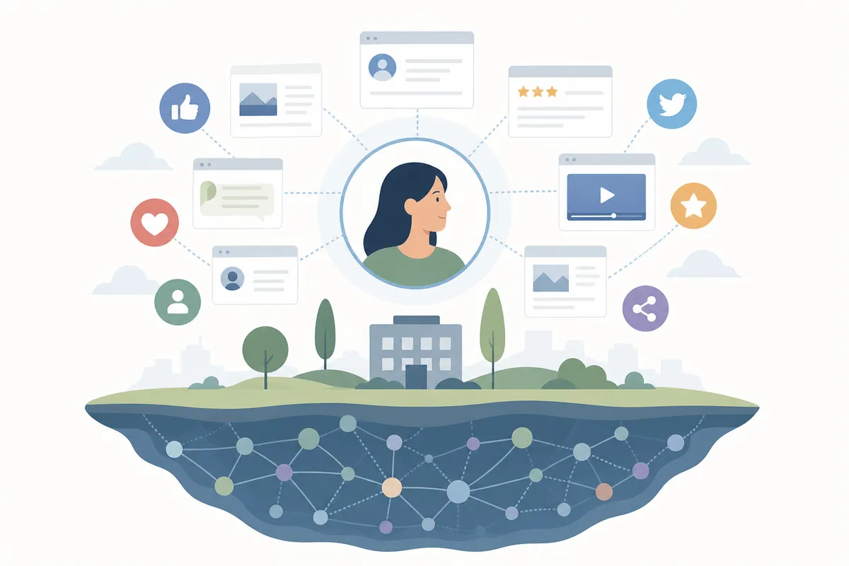 A chart-style graphic showing a brand name search results page with reviews, news, and social results ranked in order