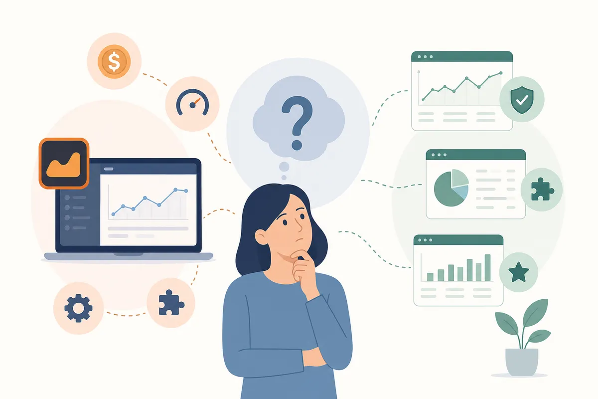 Diagrama de cómo el cambio de num=100, la confusión con los precios y un conjunto de funciones limitado llevan a los compradores a comparar alternativas a AccuRanker
