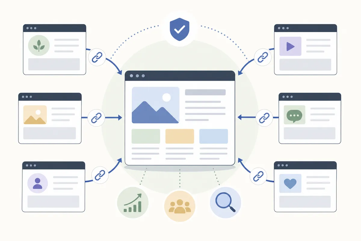 Three benefits of backlinks shown side by side: higher rankings, referral visitors and citations in AI answers
