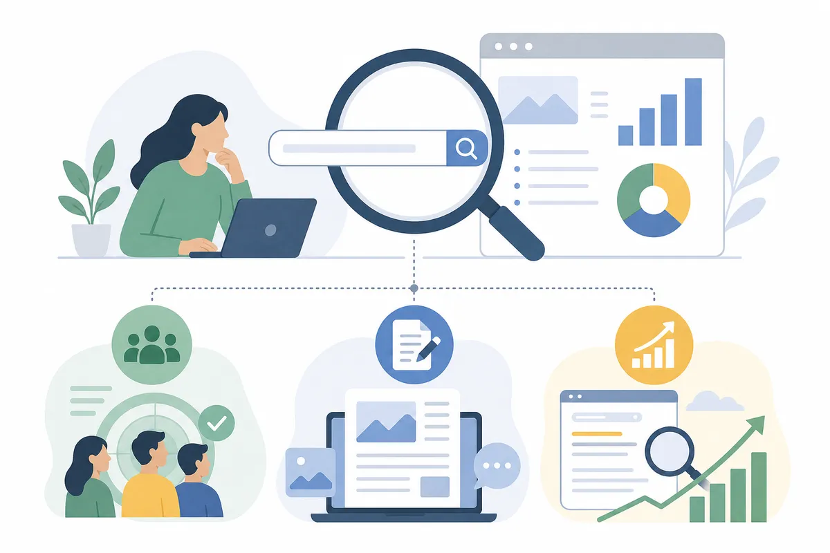 Three mechanisms with arrows: keyword research flows toward improved rankings which lead to increased website traffic.