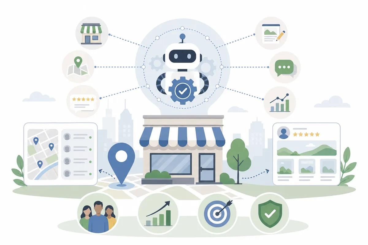 Search results displaying a business prominently with consistency indicators across Google, Maps, and directories.