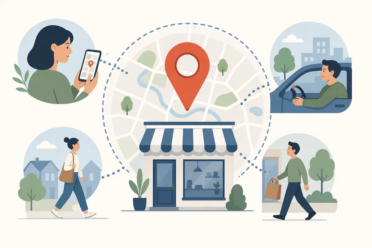 Person on a phone searching for a nearby business and tapping to call from the map listing