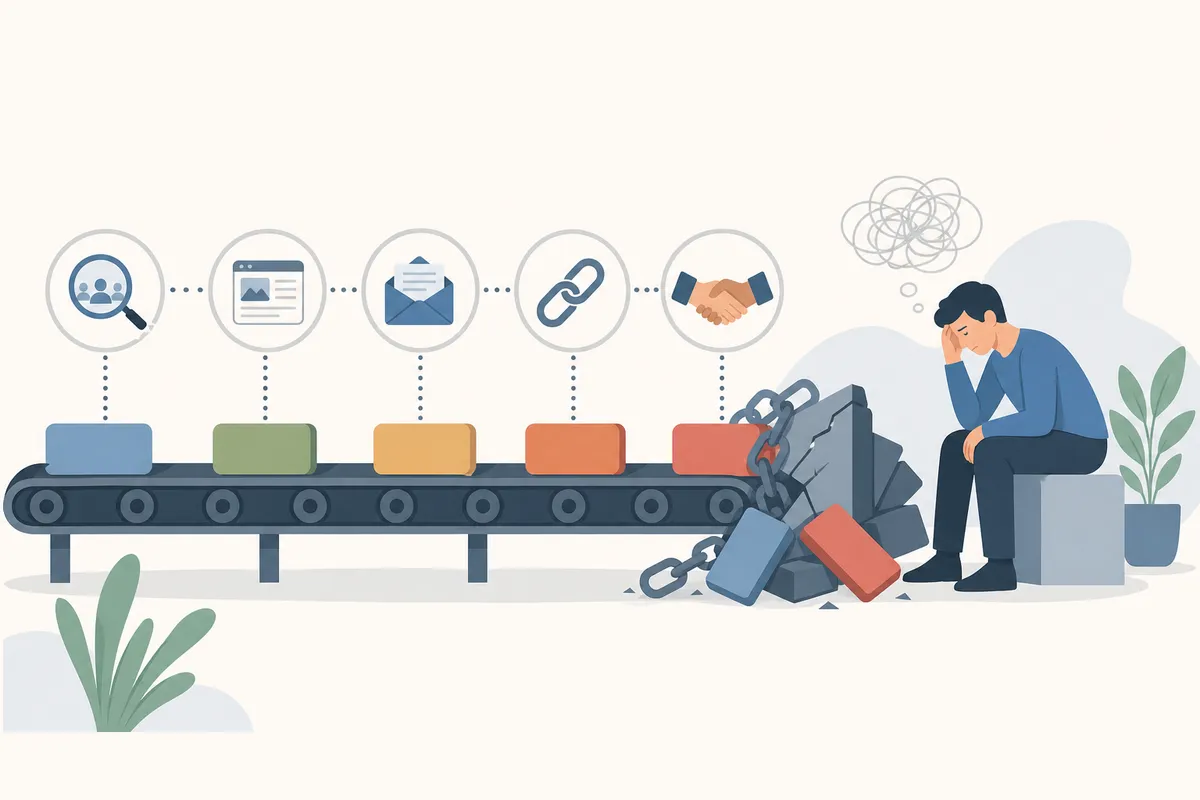 flowchart showing the four stages of a streamlined link building workflow