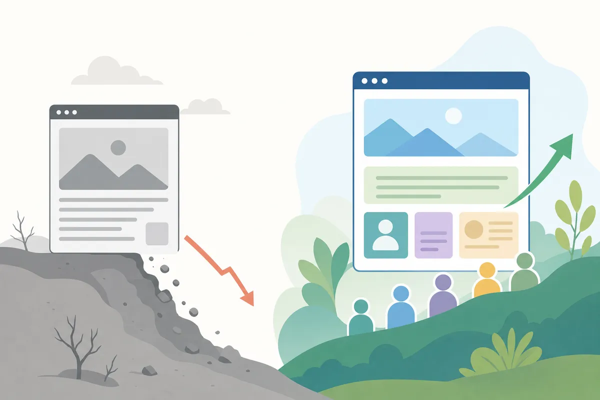 Line chart comparing organic traffic to a static page declining while a regularly updated page holds steady