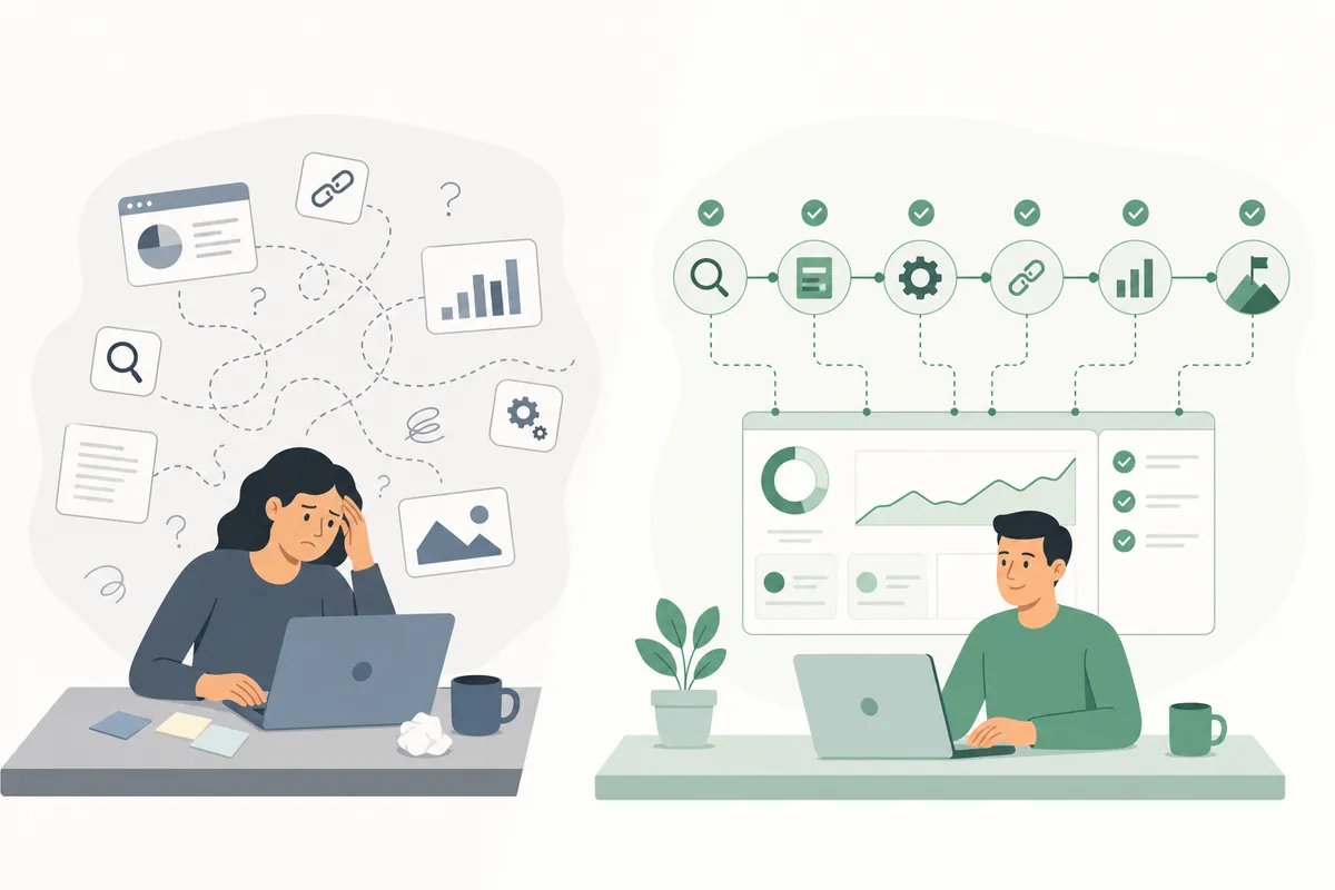Comparison of ad-hoc SEO tasks versus a structured automation workflow timeline