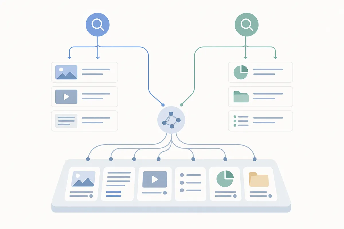 Flat illustration of indexed content blocks as a foundation layer branching upward into two distinct search result flows.