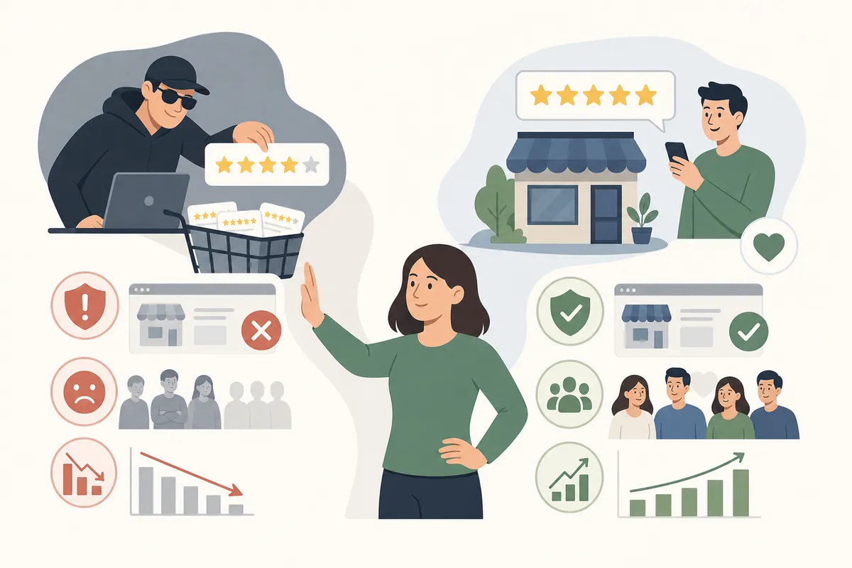 Diagram of the risks that outweigh the upside of buying Google reviews: policy violation, ranking loss, legal exposure and short-lived results.