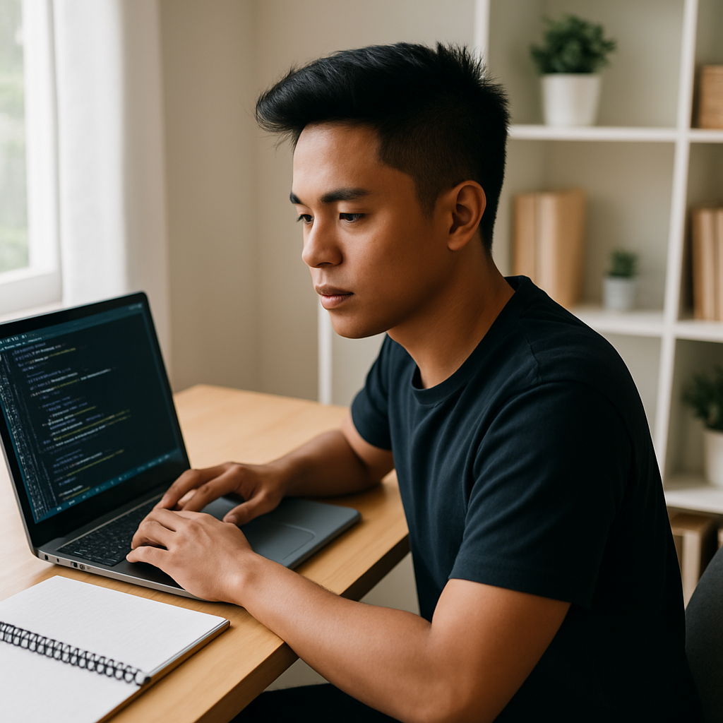 Fresh IT graduate coding on a laptop in a bright home office.