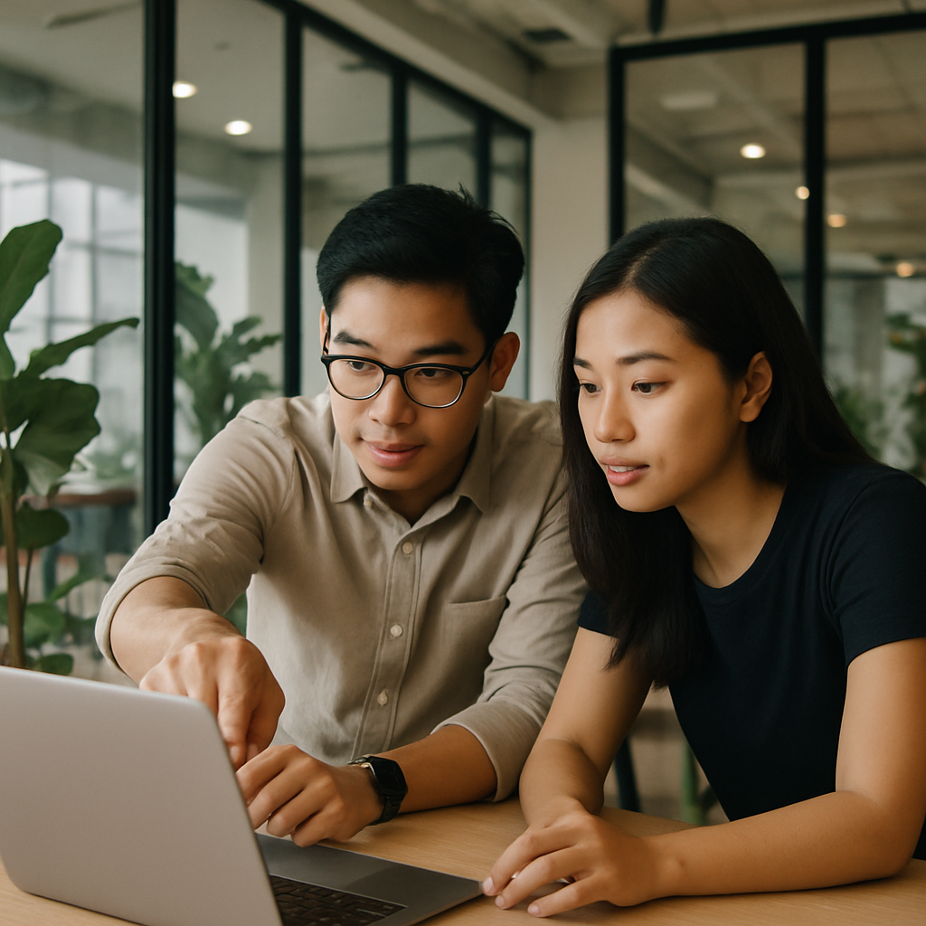 Two young tech professionals collaborating in a modern Philippine co-working space.